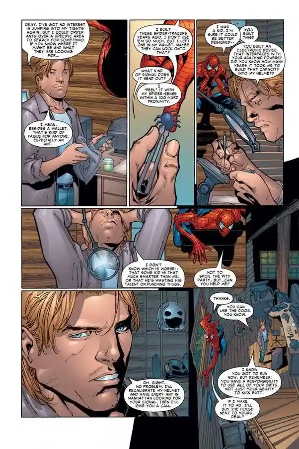 A comic book panel shows Spider-Man and a man in a lab discussing a device. The man, holding a wallet, explains he built an…