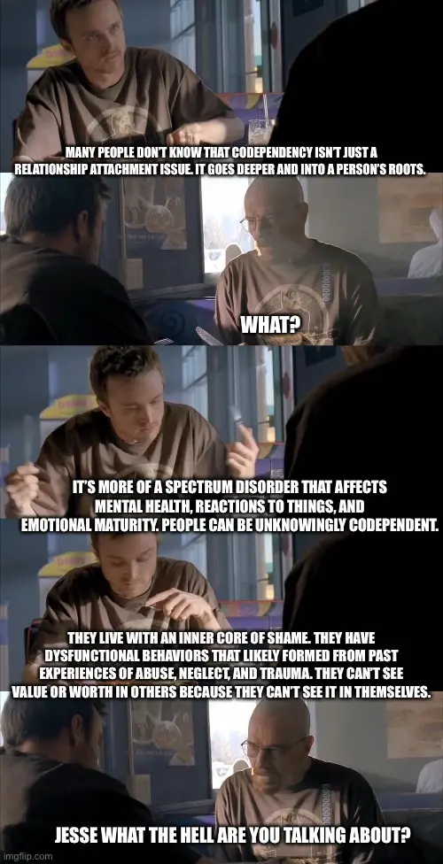 A four-panel meme from the TV show 'Breaking Bad' featuring Jesse Pinkman and Walter White. Jesse speaks in detail about…