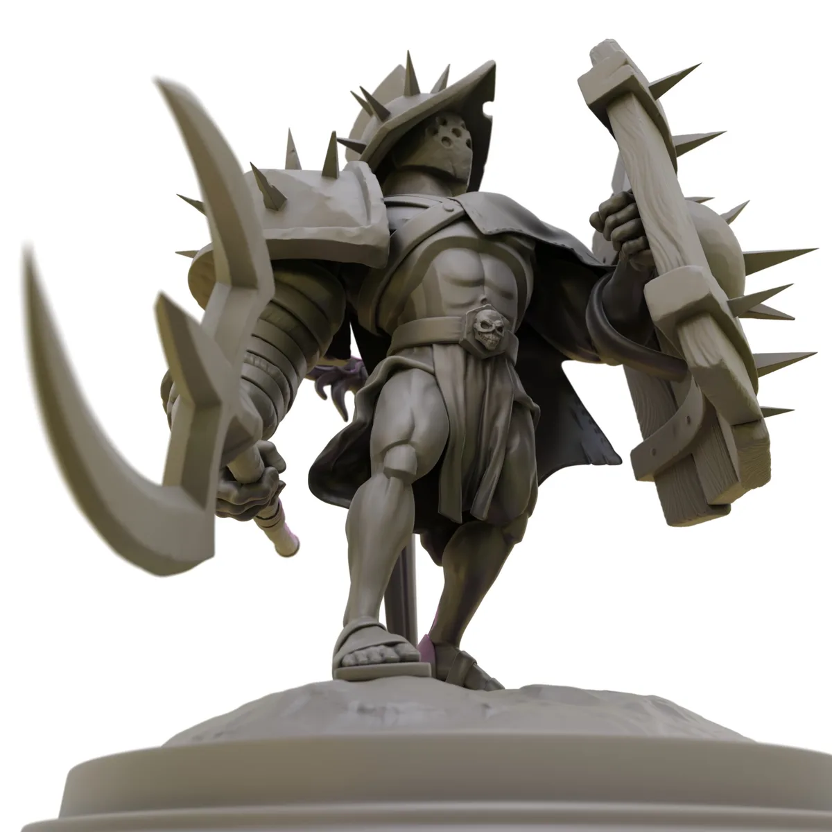 A grey, unpainted figurine of a muscular, armored warrior with a spiked helmet and skull belt buckle, holding a large spiked…