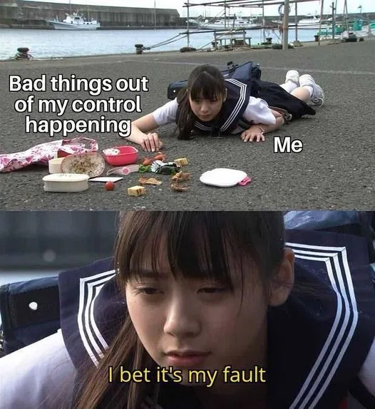A two-panel image shows a young woman in a school uniform lying on pavement next to spilled food, labeled 'Me' and 'Bad…