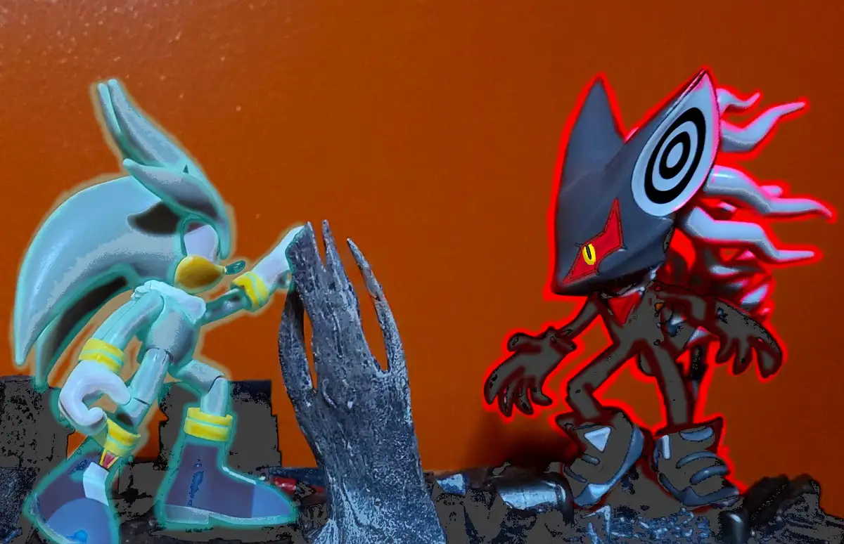 Two Sonic the Hedgehog characters, Silver the Hedgehog on the left and Shadow the Hedgehog on the right, face each other…