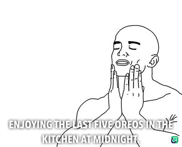 A black-and-white line drawing shows a bald man with his eyes closed, hands pressed to his cheeks in a gesture of pure bliss…