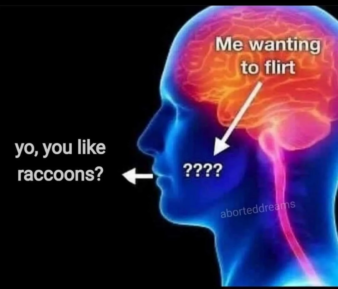 An image of a human head in profile with a glowing brain, showing text 'Me wanting to flirt' pointing to the brain and…