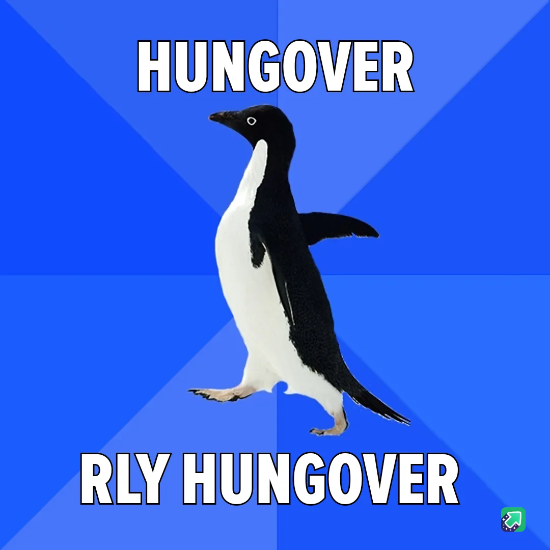 A black-and-white penguin stands against a blue background with diagonal lines, looking slightly unsteady. The text…