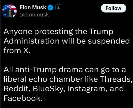 A screenshot of a tweet from Elon Musk's X account, which reads: 'Anyone protesting the Trump Administration will be…