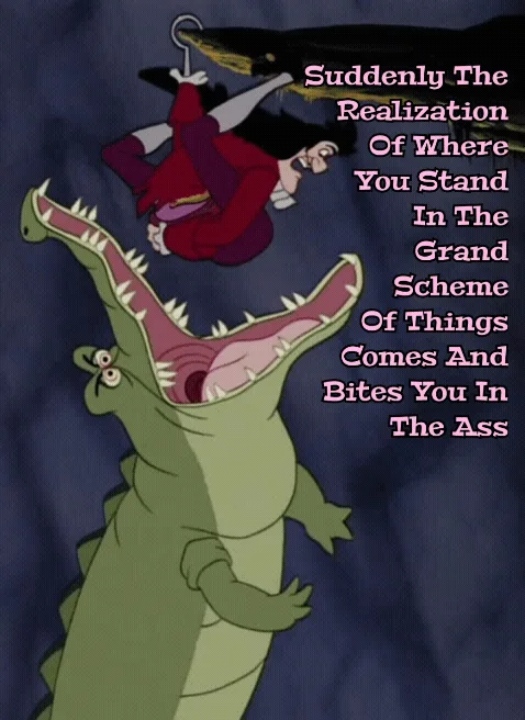 A cartoon crocodile with its mouth wide open is about to bite a man in a red outfit who is hanging upside down by his feet…