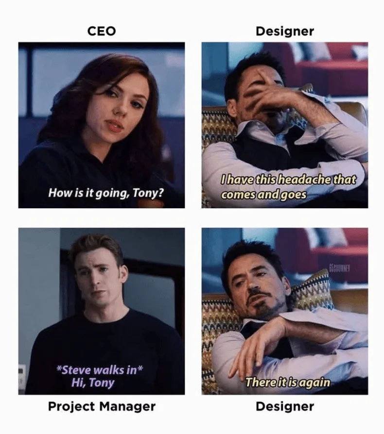 A four-panel meme using Tony Stark (Iron Man) and Pepper Potts (CEO) from the Marvel Cinematic Universe. The top-left panel…