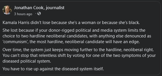A screenshot of a social media post by Jonathan Cook, journalist, with a dark background and white text. The text is a…
