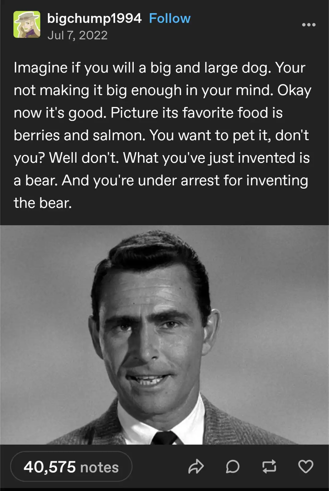 A black-and-white photo of a smiling man in a suit and tie, overlaid with a block of text describing a fictional scenario…