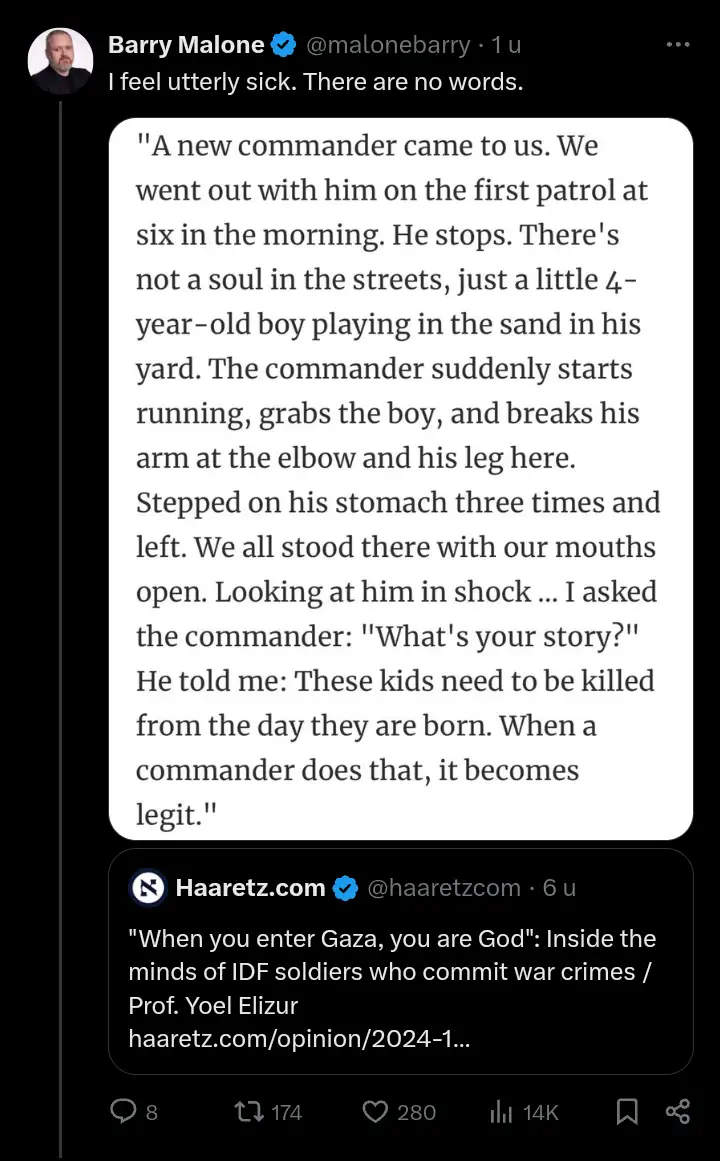 A screenshot of a tweet by Barry Malone showing a quote from a soldier describing a commander violently attacking a…