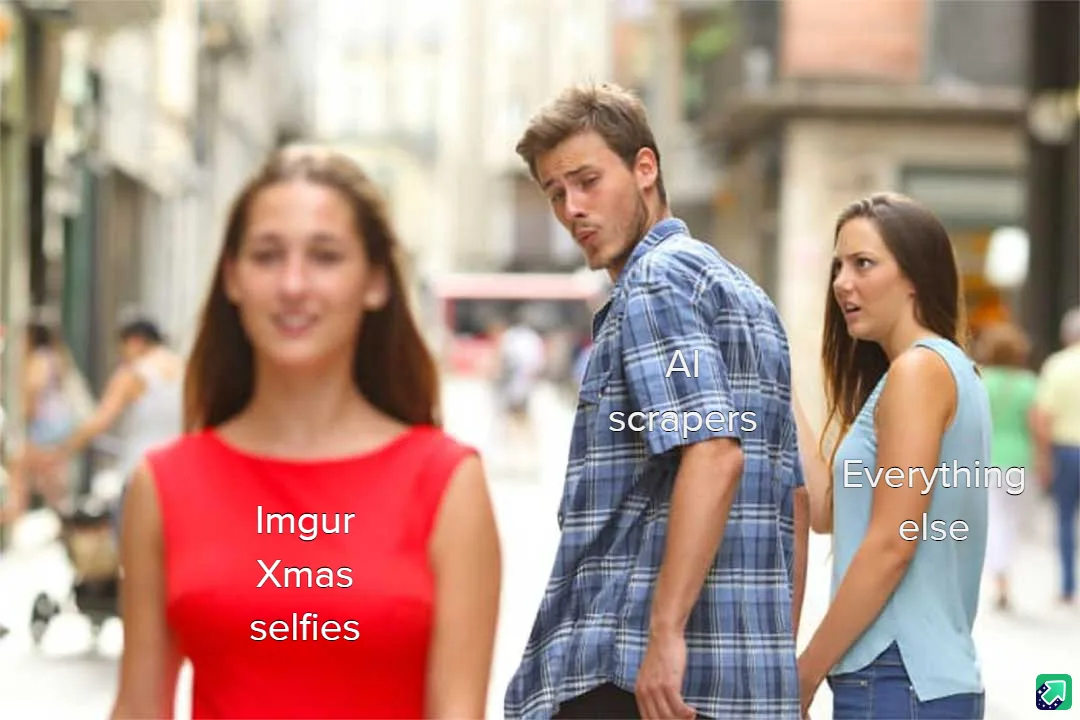 A man in a plaid shirt turns his head away from a blurred woman in a red dress labeled 'Imgur Xmas selfies' and looks toward…