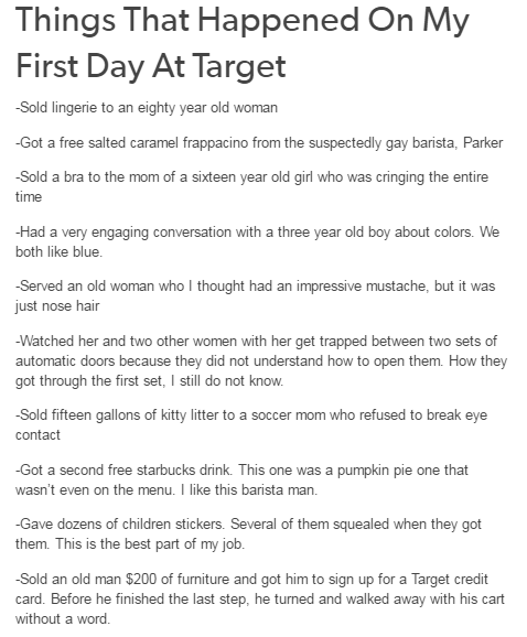 A list titled 'Things That Happened On My First Day At Target' details bizarre and humorous customer interactions, including…