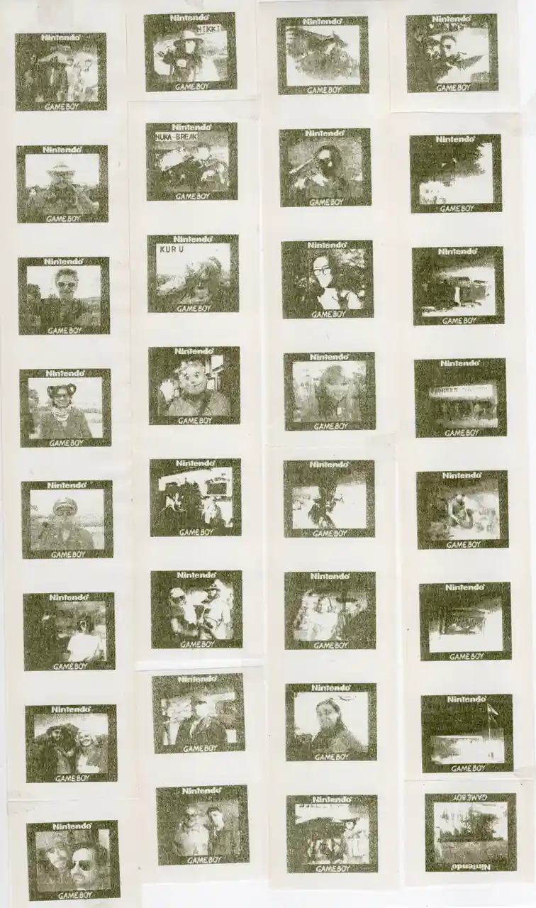 The image displays a collection of Game Boy game cartridges with their labels replaced by photos of various people, some…