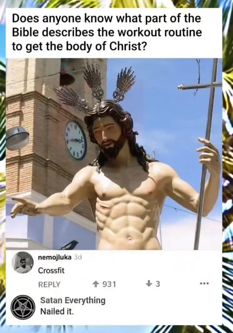 A muscular statue of Jesus Christ with a halo, holding a cross, is shown outdoors with a clock tower in the background…