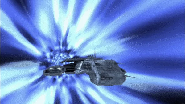 A six-panel image sequence from a video game shows a spaceship emerging from a blue warp tunnel, starting with a distant…