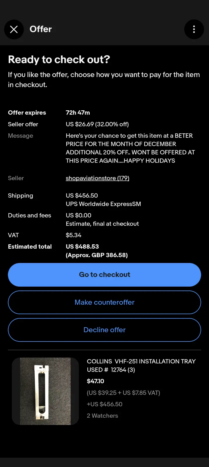 A screenshot of a marketplace checkout screen for a 'COLLINS VHF-251 INSTALLATION TRAY' priced at $47.10, showing a seller's…