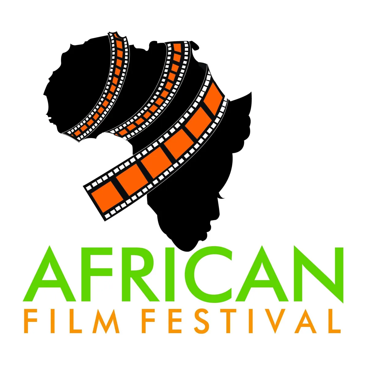 The image displays a logo featuring a black silhouette of the African continent with an orange and white film strip wrapped…