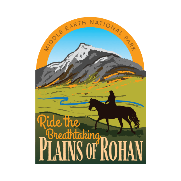 An illustrated park sign for 'Middle Earth National Park' featuring a snowy mountain range under a blue sky, a winding…