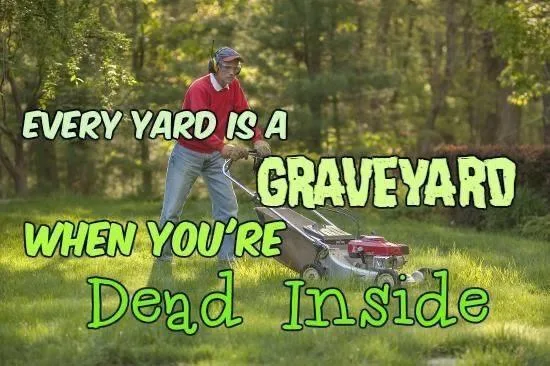 A man in a red shirt and blue jeans pushes a red lawnmower across a grassy yard with trees in the background. Overlaid text…