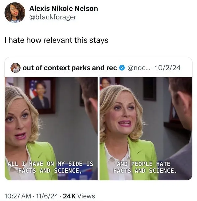 The image shows a split-screen from the TV show 'Parks and Recreation' featuring actress Amy Poehler as her character Leslie…