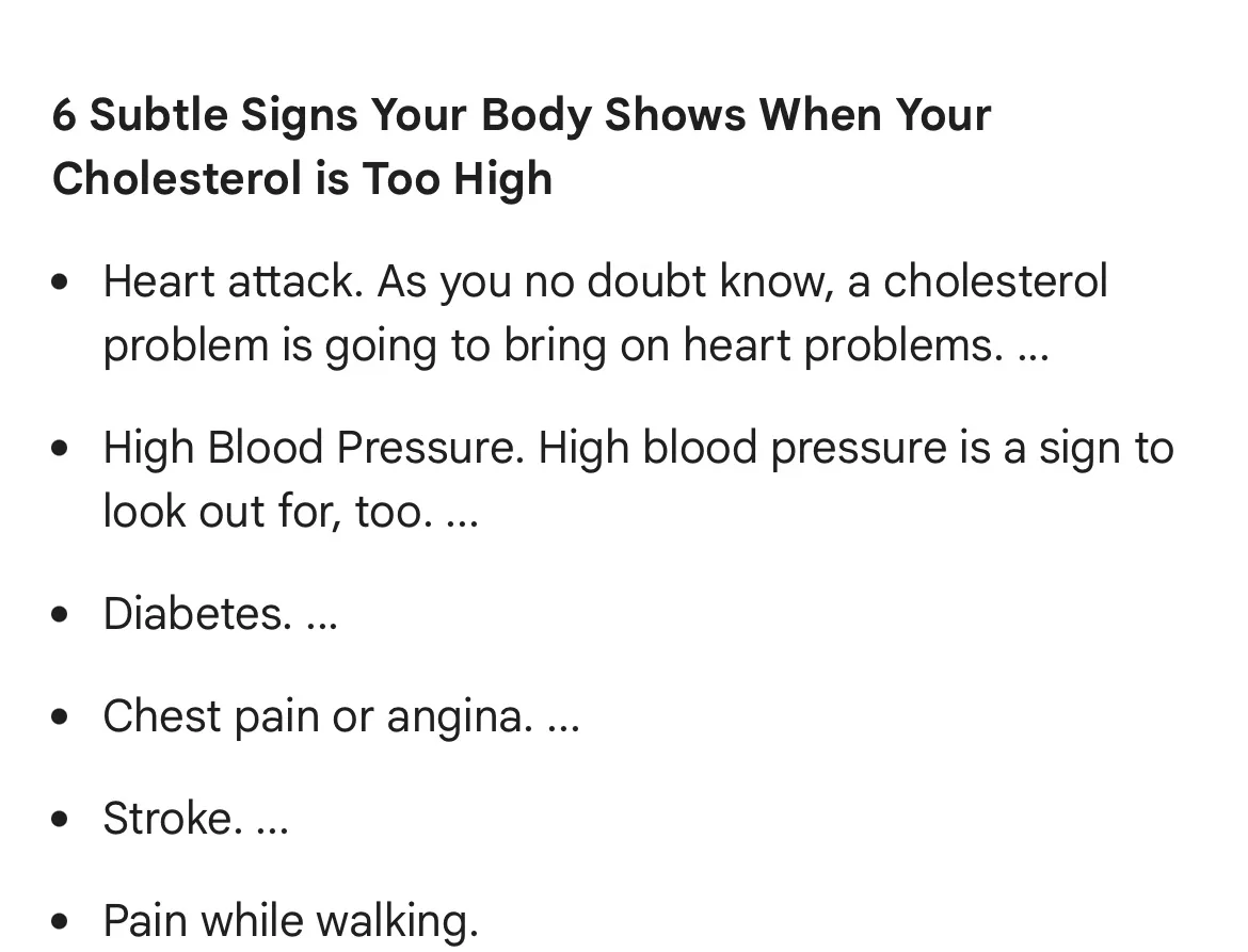 A screenshot of a list titled '6 Subtle Signs Your Body Shows When Your Cholesterol is Too High', listing medical conditions…