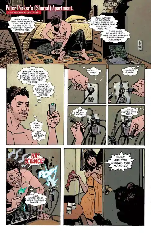 A comic panel shows Peter Parker, shirtless and exhausted, building a device in his messy apartment after 24 sleepless…