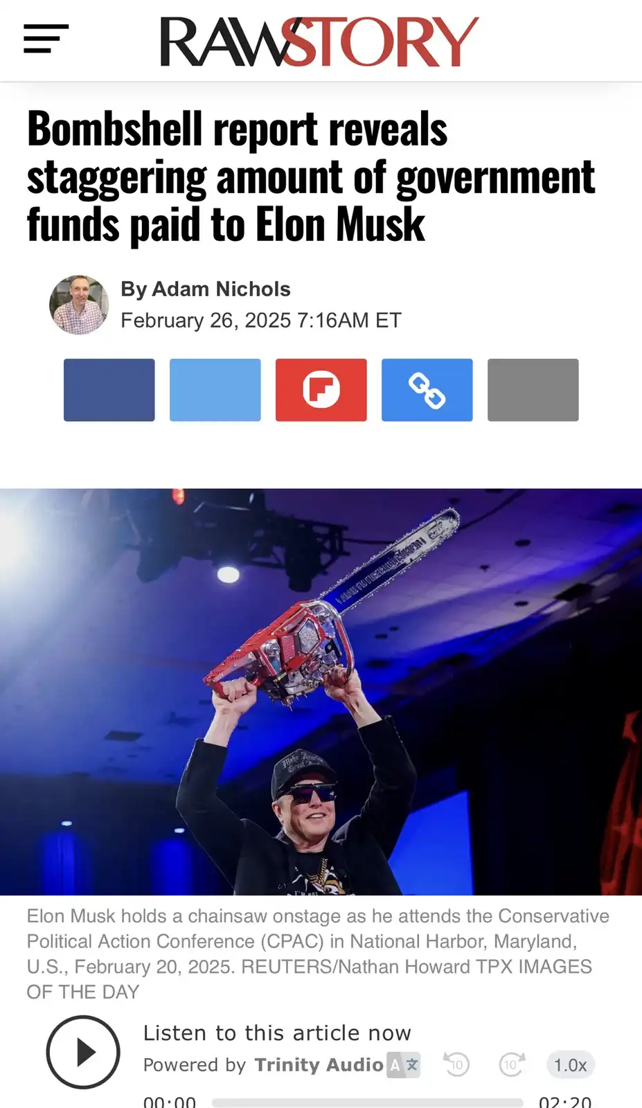 A screenshot of a RawStory news article with a headline about government funds paid to Elon Musk, overlaid on a photo of…