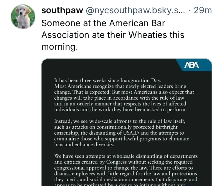 A screenshot of a tweet from 'southpaw' shows a dark-themed post from the American Bar Association (ABA) criticizing recent…