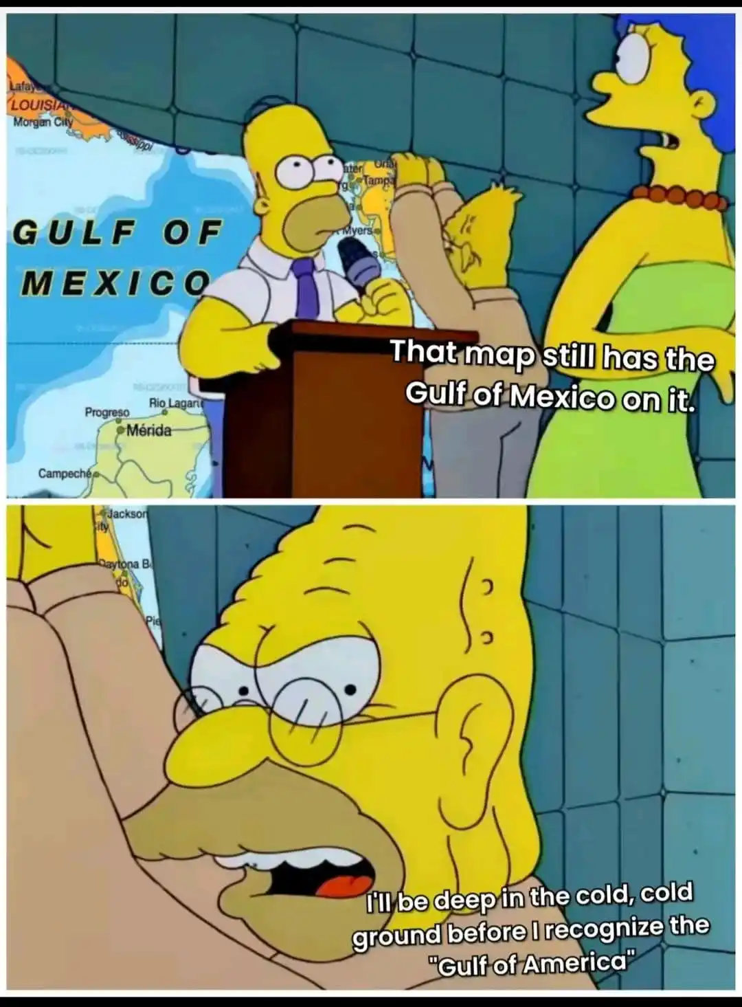 The top panel shows Homer Simpson at a podium in front of a map labeled 'GULF OF MEXICO', with Marge standing beside him…