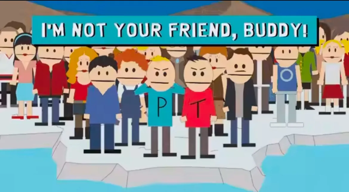 A cartoon image from South Park shows a crowd of characters standing on a cliff edge. Two characters in the front, one in a…