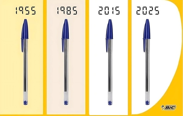 Four identical blue BIC ballpoint pens are shown side-by-side, each labeled with a year: 1955, 1985, 2015, and 2025. The…