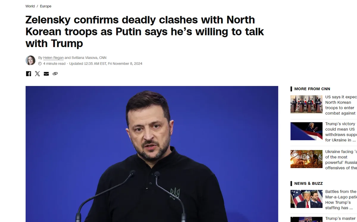 A screenshot of a CNN news article with a headline that reads 'Zelensky confirms deadly clashes with North Korean troops as…