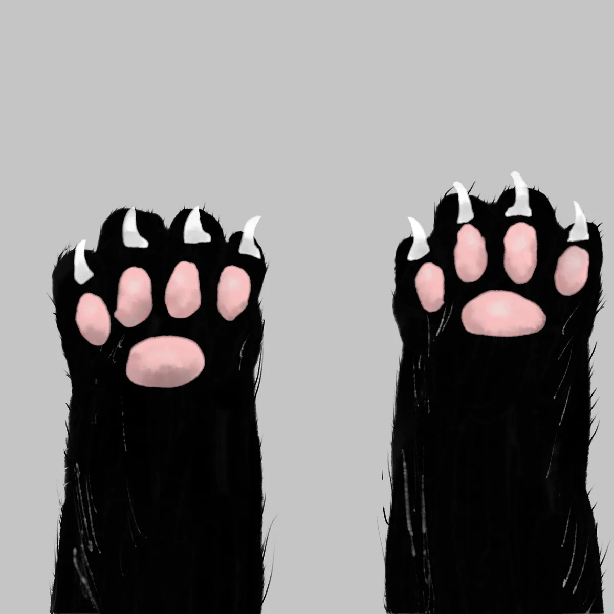 Two cartoonish black feline paws with white claws and pink pads are shown side by side against a plain gray background. The…