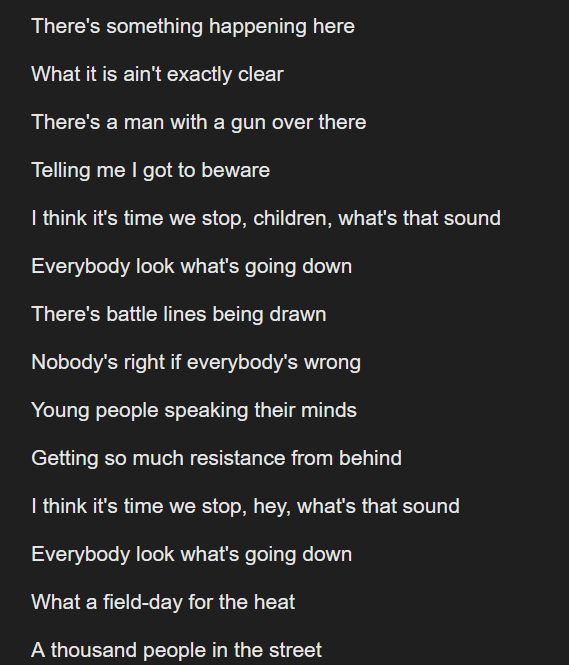 The image displays white text on a solid black background, presenting the full lyrics of the song 'What's Going On' by…