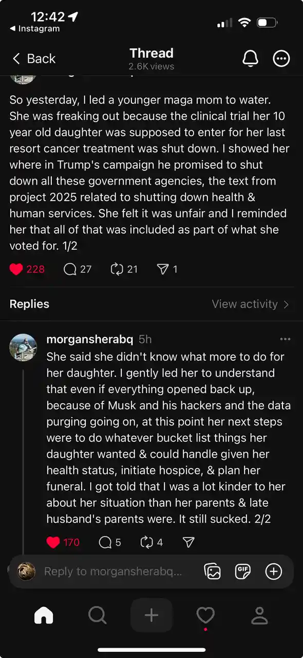 A screenshot of an Instagram Thread post showing a two-part story about a MAGA mom whose daughter's cancer treatment was…