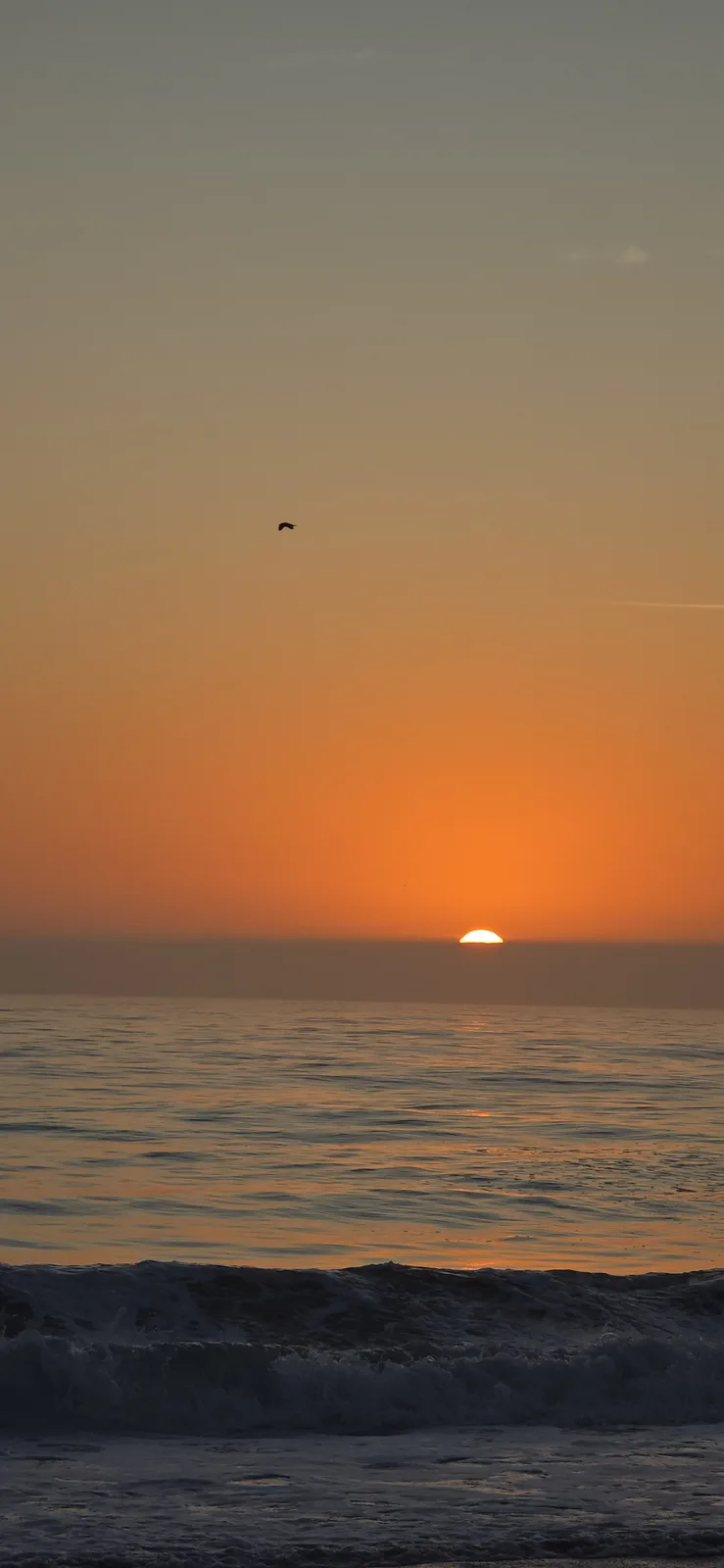 A serene sunset over the ocean with the sun partially submerged on the horizon, casting orange and gray hues across the sky…
