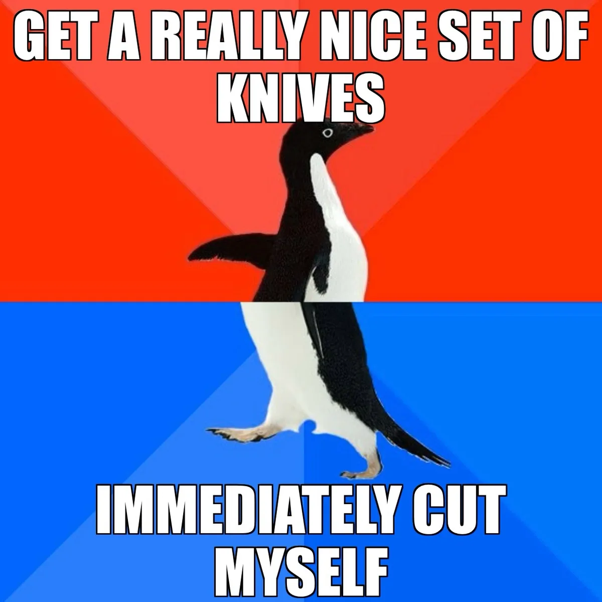 A penguin stands centered against a red and blue background, with white text overlaid in two sections: 'GET A REALLY NICE…