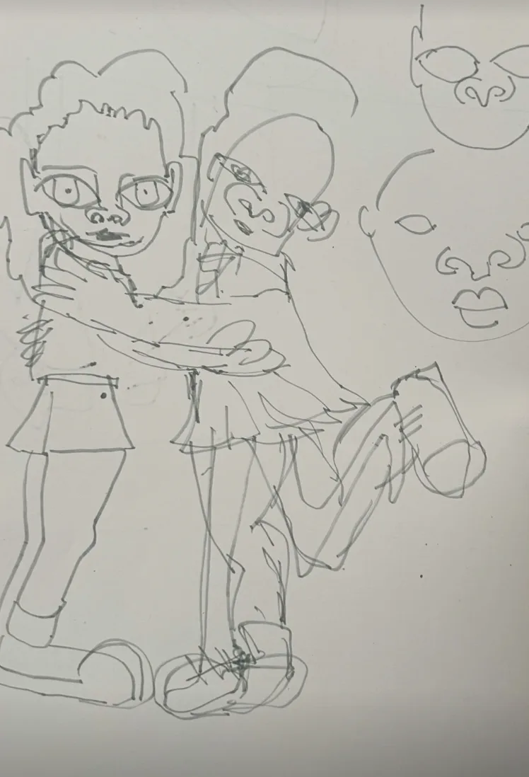 A rough pencil sketch shows two stylized cartoon figures embracing, with one figure's arm around the other's waist. In the…