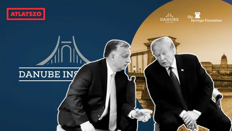 Two men in suits are shown in a split image, one on a blue background with 'DANUBE INSTITUTE' and 'ATLATSZO' logos, the…
