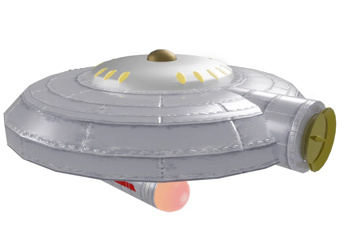 A 3D-rendered spaceship with a silver, segmented body, gold accents, and a glowing pink engine nozzle, set against a black…
