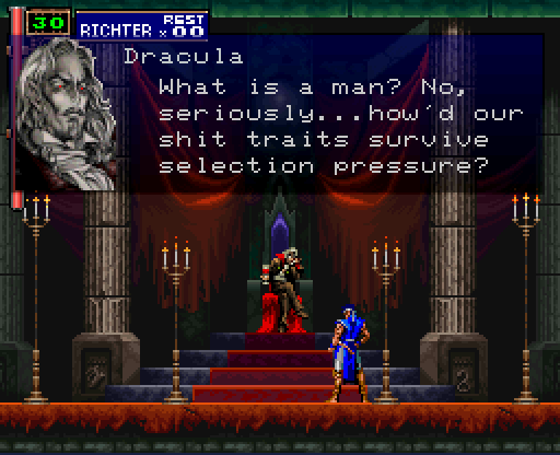 A pixelated video game scene from 'Castlevania' shows Dracula seated on a throne, facing Richter Belmont. Dracula's portrait…