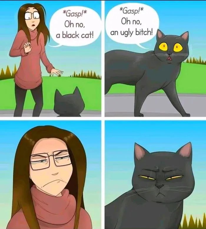 A four-panel comic strip shows a woman reacting with shock to a black cat, then the cat reacting with equal shock to her…