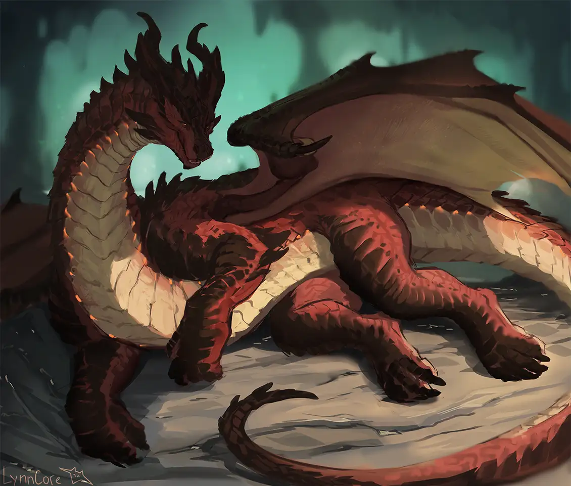A large, red and brown dragon with glowing eyes and wings is curled up on a rocky surface, appearing to rest or sleep. The…