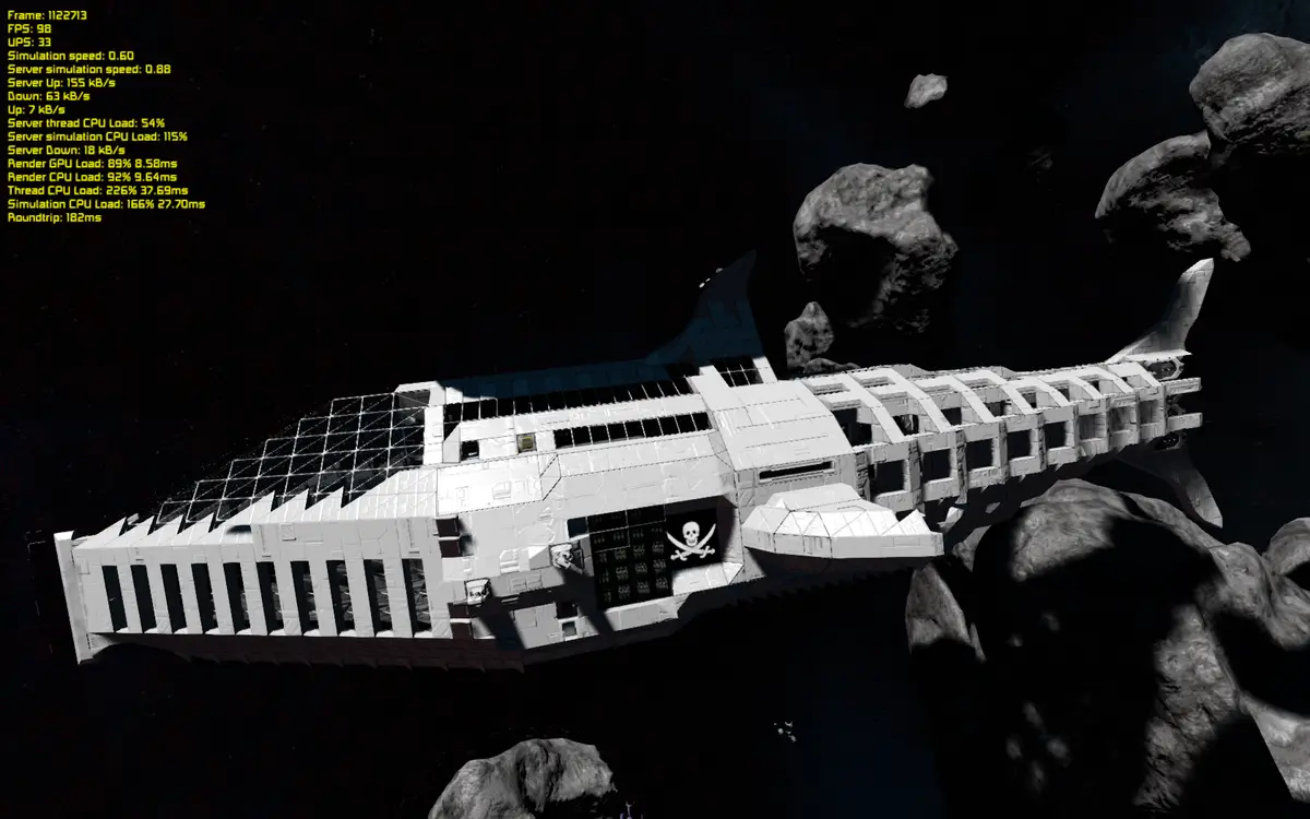 A screenshot from a space game shows a white, blocky spaceship with a pirate flag, floating among asteroids. The left side…
