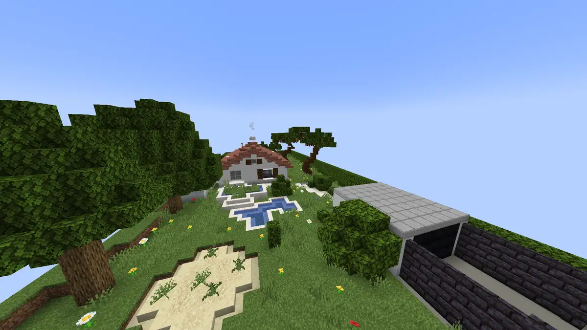 A screenshot from the game Minecraft showing a player's hand-built house with a red-tiled roof, surrounded by grass, trees…