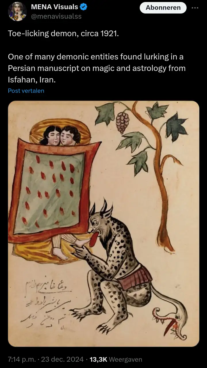 An old Persian manuscript illustration shows a spotted demon with horns and a long tail licking the toes of a sleeping…