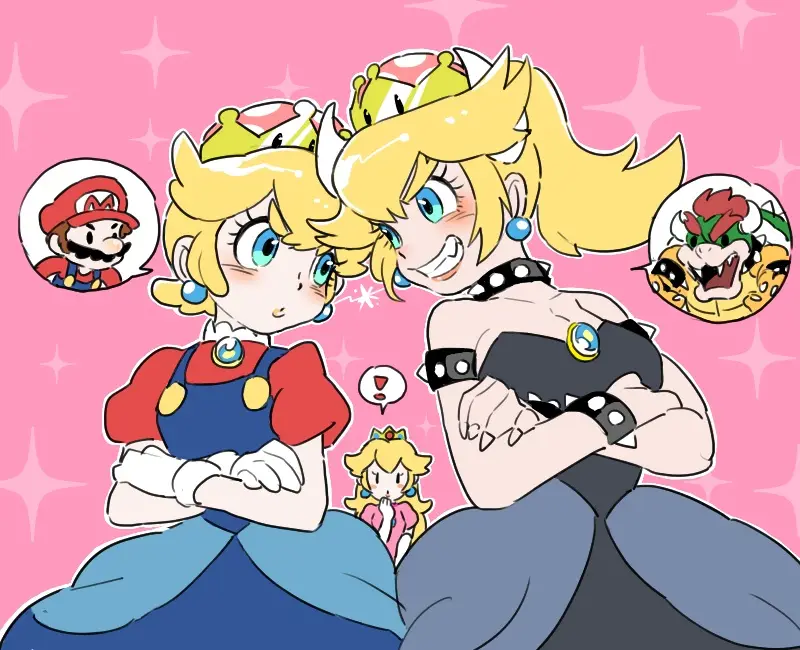 Two anime-style female characters, resembling Princess Peach and a more muscular, confident version of herself, sit side by…