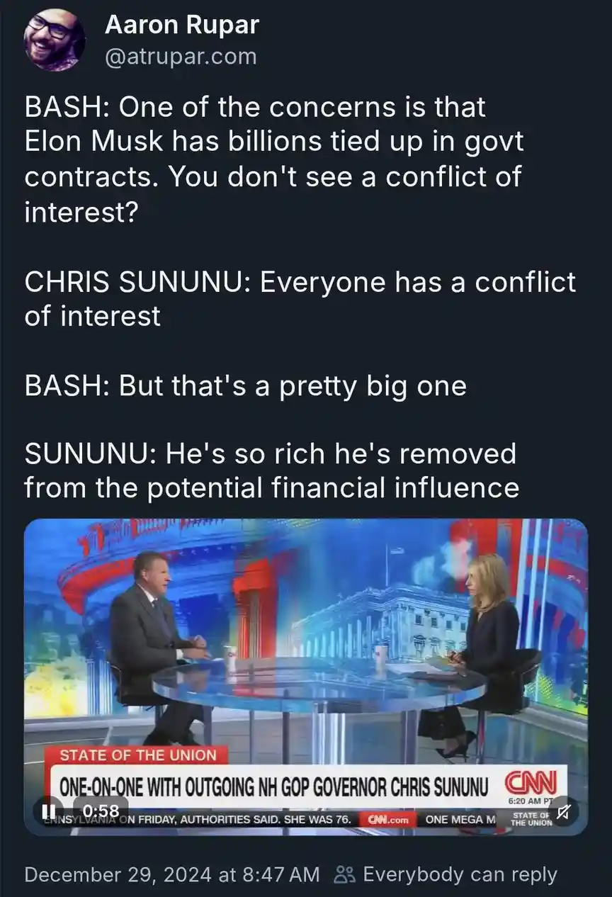 A screenshot of a CNN news segment featuring Chris Sununu and a host, with overlaid text transcribing their dialogue about…