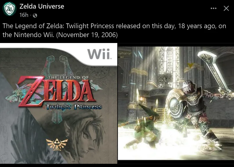 A social media post from 'Zelda Universe' commemorates the 18th anniversary of 'The Legend of Zelda: Twilight Princess'…