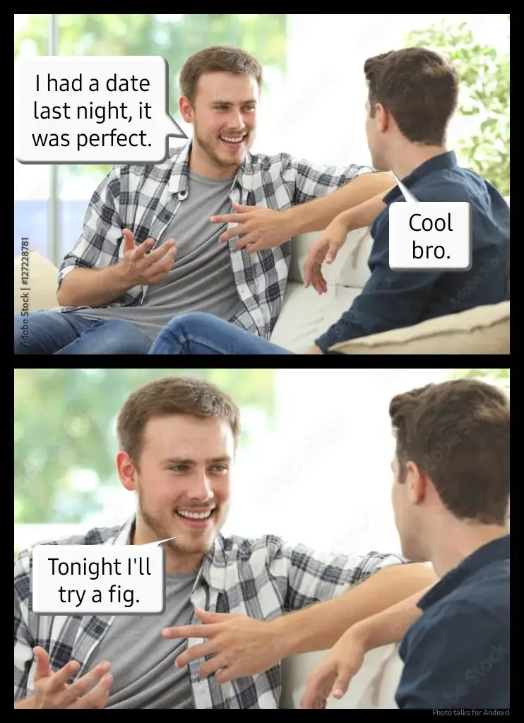 Two men sit on a couch; the man on the left, in a plaid shirt, excitedly tells his friend about a perfect date. His friend…